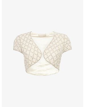 GRACE FAENA Pearl And Crystal-Embellished Cropped Satin Jacket - Natural