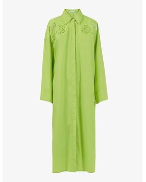 eem Embroidered-Shoulder Long-Sleeve Cotton-Blend Midi Dress - Green
