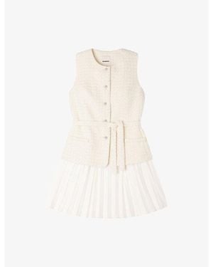 Sandro Tie-Waist Contrast-Skirt Woven Mini Dress - White