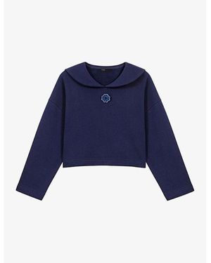Maje Pearl-Embellished Patch Cropped Cotton-Blend Jersey Sweatshirt - Blue