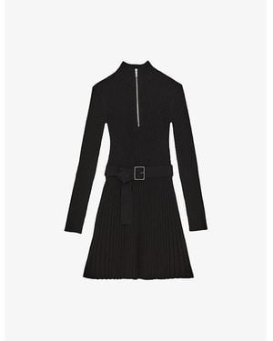 Reiss Vienna Zip-Neck Flippy-Hem Stretch-Knit Mini Dress - Black