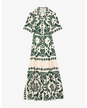 Sandro Floral-Print Collared Satin Maxi Dress - Green