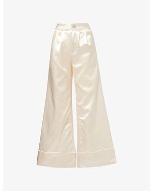GRACE FAENA Pearl-Button Wide-Leg Satin Pants - Natural