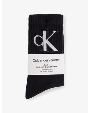 Calvin Klein Brand-Monogram Ribbed Pack Of Two Cotton-Blend Crew Socks - Black