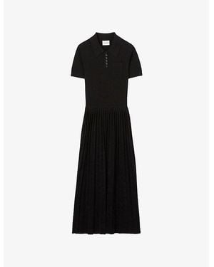 Claudie Pierlot Pleated-Skirt Stretch-Knit Midi Dress - Black