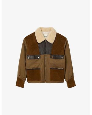 Sandro Contrast-Panel Shearling-Collar Cotton And Leather Jacket - Brown