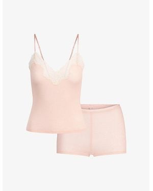 Skims Sheer Cotton Lace-Trim Woven Cami And Shorts Set - Pink