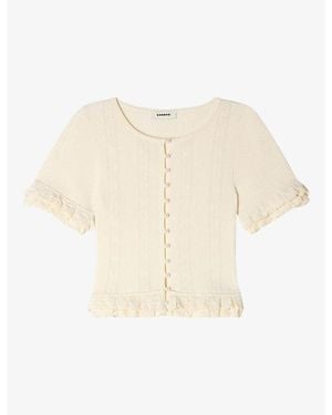 Sandro Short-Sleeved Ruffled Knitted Cardigan - Natural