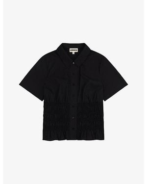 OMNES Merida Shirred-Panel Short-Sleeve Cotton Blouse - Black