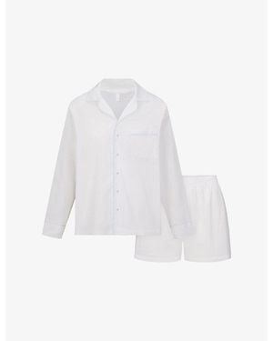Skims Sleep Long Sleeve Top And Boxer Cotton-Poplin Set - White