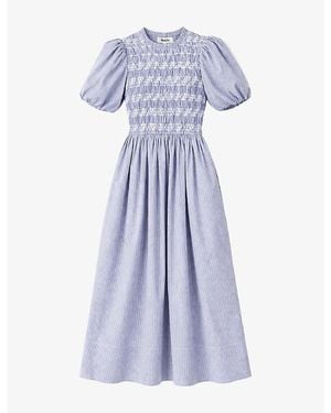 Ro&zo Shirred-Bodice Striped Woven Midi Dress - Blue