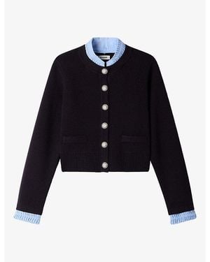 Sandro Contrasting Origami-Collar Knit Cardigan - Blue