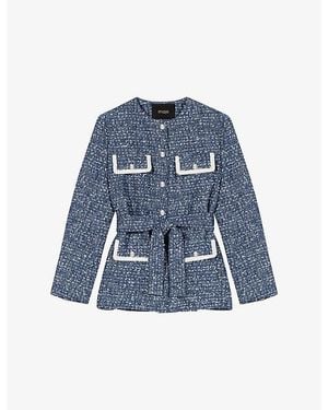 Maje Four-Pocket Belted Tweed Jacket - Blue