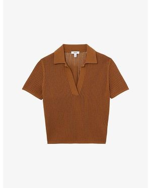 Reiss Pippa Open-Stitch Woven Polo Shirt - Brown