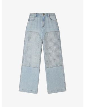 Sandro Straight-Leg Crystal-Embellished Faded Denim Jeans - Blue