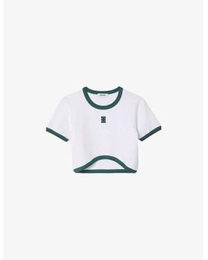 Sandro Logo-Embroidered Two-Tone Stretch-Cotton Cropped Top - White