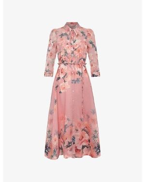 Phase Eight Petite Anabella Floral-Print Linen-Blend Midi Dress - Pink