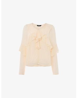 Whistles Ruffle Frill V-Neck Crepe-De-Chine Blouse - Natural