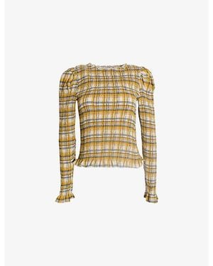 Amy Lynn Elsa Plaid Long-Sleeve Smocked Crepe Top - White