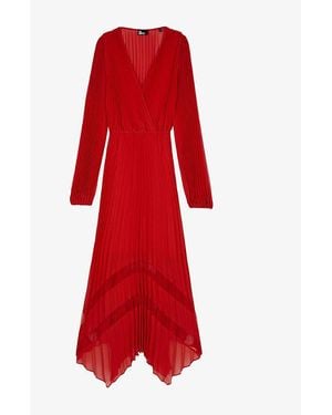The Kooples Lace-Panel Pleated Woven Maxi Dress - Red