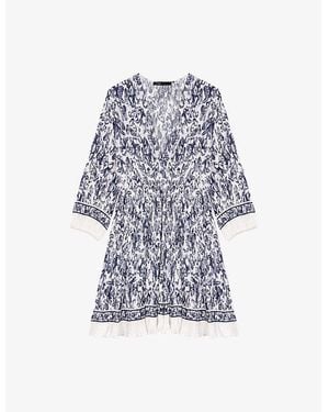 Maje Fruit-Print Elasticated-Waist Pleated Woven Mini Dress - Blue