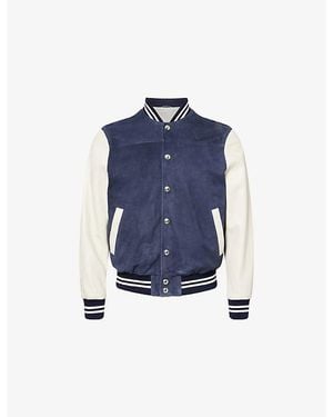 Eleventy Ivory Contrast-Sleeve Suede Varsity Jacket - Blue
