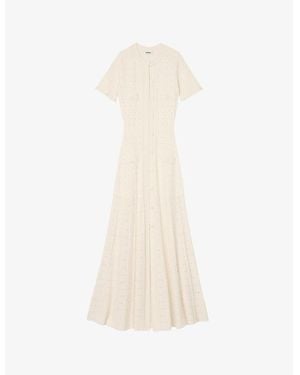 Sandro Contrast-Stitch Short-Sleeve Stretch-Knit Midi Dress - White