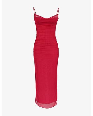 House Of Cb Nalini Lace-Trim Corseted Stretch-Woven Maxi Dress - Red