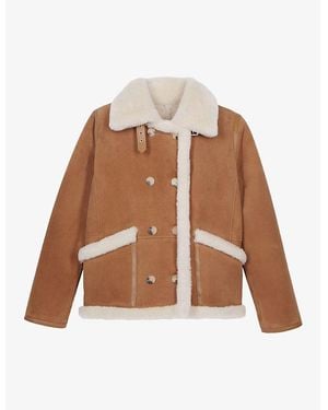 The Kooples Double-Breasted Shearling-Trim Leather Jacket - Brown