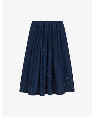 Maje Flared Sequin-Embroidered Denim Midi Skirt - Blue