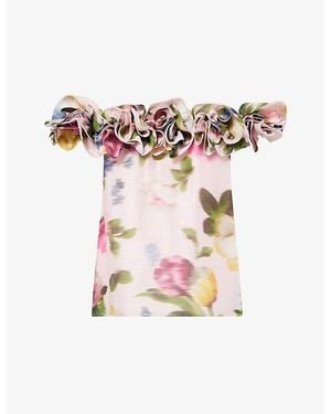 Carolina Herrera Off-Shoulder Floral Linen-And-Silk Top - Pink