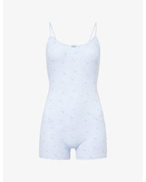 Lounge Underwear Ribbed Floral Cotton-Jersey Sleep Romper - Blue