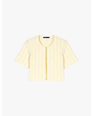 Maje Cropped Monogram-Print Stretch-Knit Cardigan - Metallic