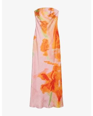 OMNES Amdra Glitched Floral Placement Strapless Satin Maxi Dress - Orange