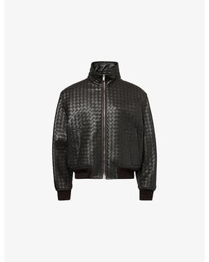Bottega Veneta Intrecciato Funnel-Neck Leather Jacket - Black