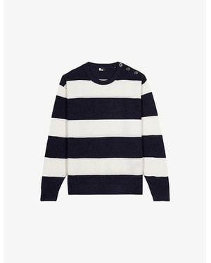 The Kooples Stripe-Print Crewneck Wool And Linen-Blend Sweater - Blue