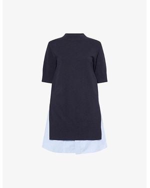 Sacai Striped Short-Sleeves Cotton-Knit Mini Dress - Blue