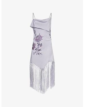 Conner Ives Piano Shawl Fringed Silk Mini Dress - Blue