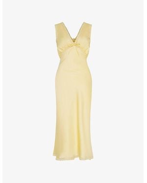 OMNES Maisie V-Neck Lace-Trim Satin Midi Dress - Yellow