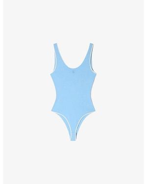Sandro Katia Logo-Embroidered Contrast-Trim Stretch-Woven Bodysuit - Blue