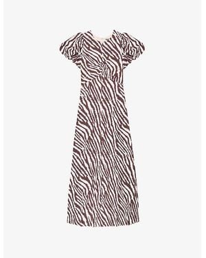 Ro&zo Zebra-Print Puff-Sleeve Woven Midi Dress - Brown