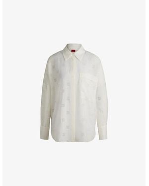 HUGO Brand-Devoré Oversized-Fit Woven Shirt - White