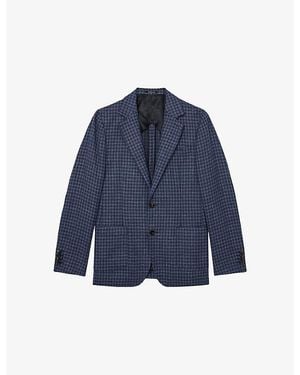 Reiss Romana Notch-Lapel Dogtooth Wool And Linen Blazer - Blue