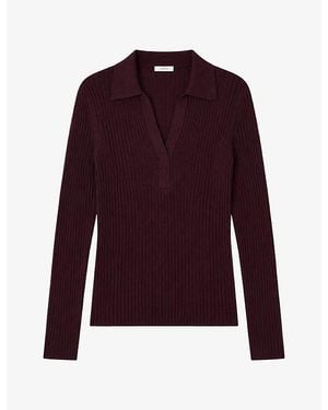 JOSEPH Collared Rib Merino-Wool Blend Polo Top - Purple