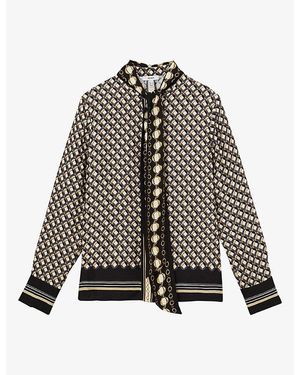 Reiss Carmine Tie-Neck Scarf-Print Satin Shirt - Gray