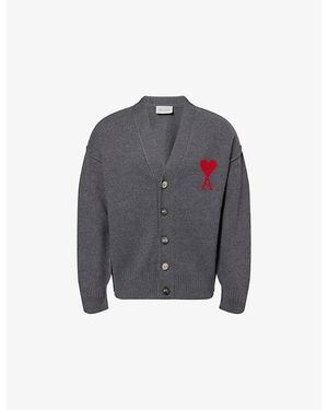 Ami Paris Adc Heart Knitted Wool Cardigan - Grey