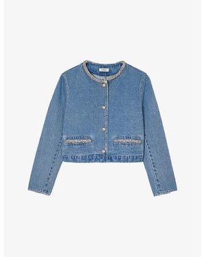 Sandro Rhinestone-Embellished Round-Neck Denim Jacket - Blue