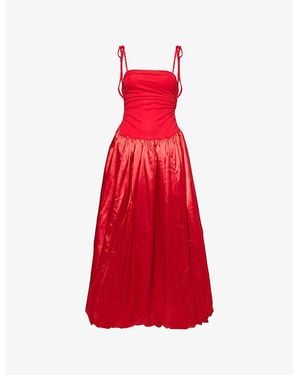 Amy Lynn Cherry Alexa Drop-Waist Puffball Satin Maxi Dress - Red