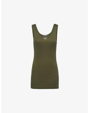 Prada Ribbed Enamelled-Logo Cotton Knit Top - Green