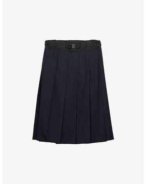 Prada Shell-Panel Belted Wool Midi Skirt - Blue